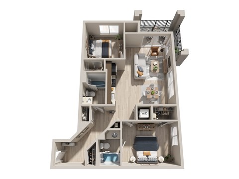 Floor plan for 2 beds, 2 baths, 980 sqft